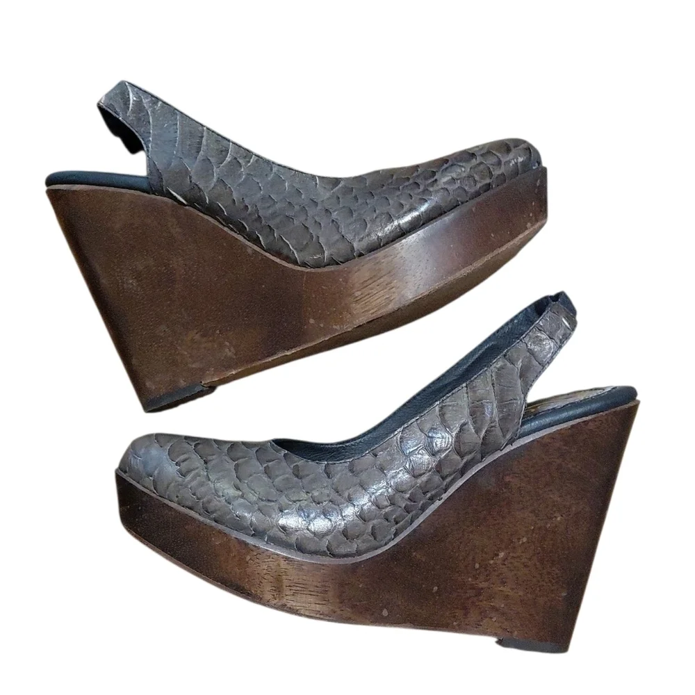Rowen Platform Leather And Wood Sling Back Open Toe Wedge Sandals Size 7.5